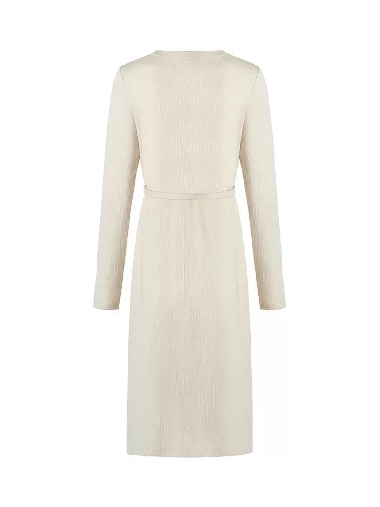 Beige Knitted Gathered Waist Dress