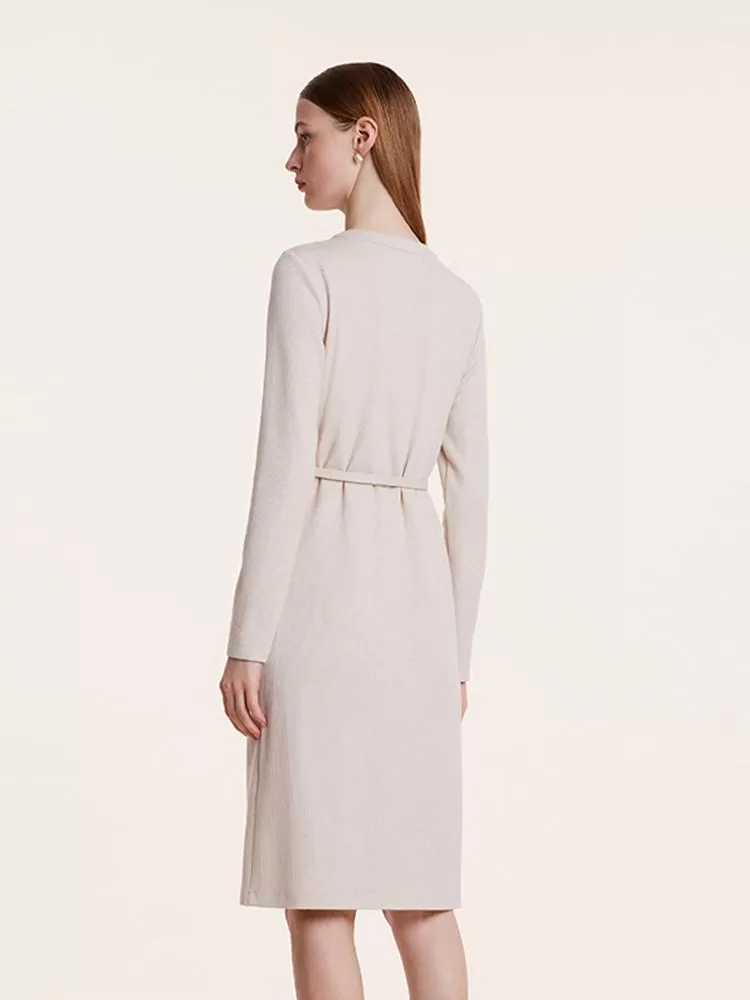 Beige Knitted Gathered Waist Dress