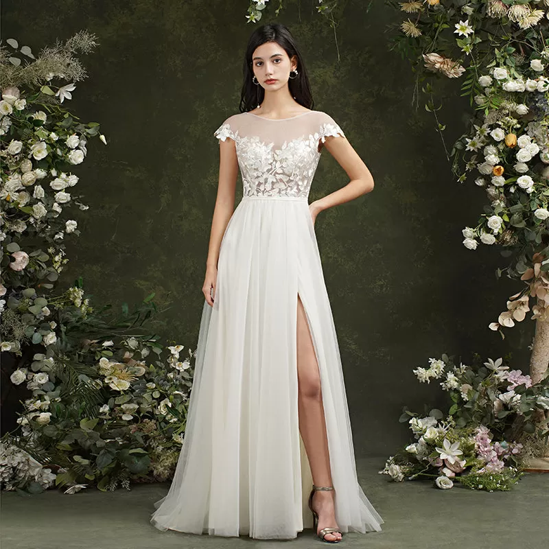 Biztunnel Long A-line Sweetheart Chiffon Lace Wedding Dresses with slit