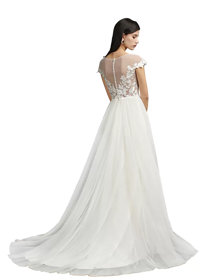 Biztunnel Long A-line Sweetheart Chiffon Lace Wedding Dresses with slit