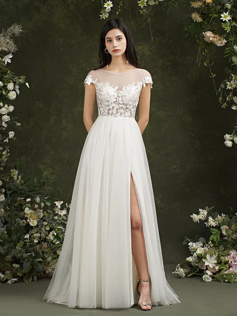 Biztunnel Long A-line Sweetheart Chiffon Lace Wedding Dresses with slit