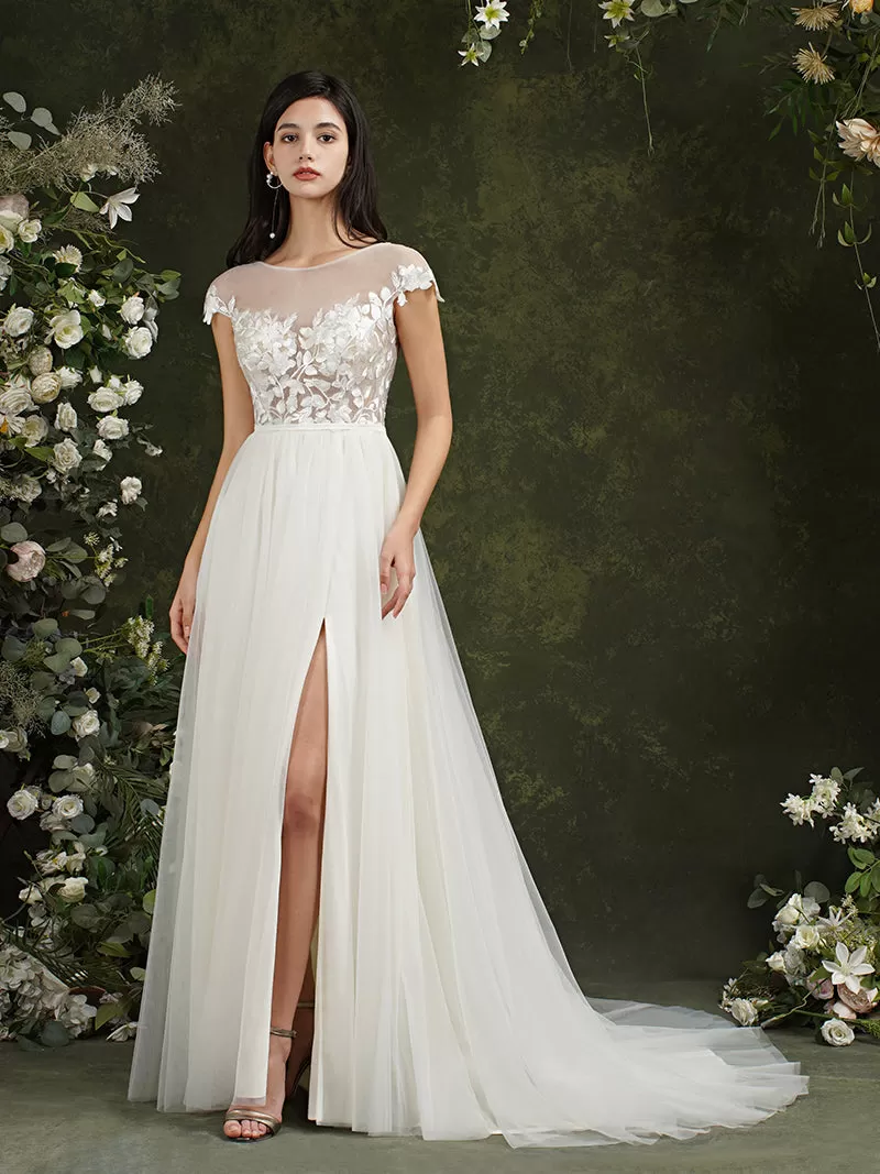 Biztunnel Long A-line Sweetheart Chiffon Lace Wedding Dresses with slit