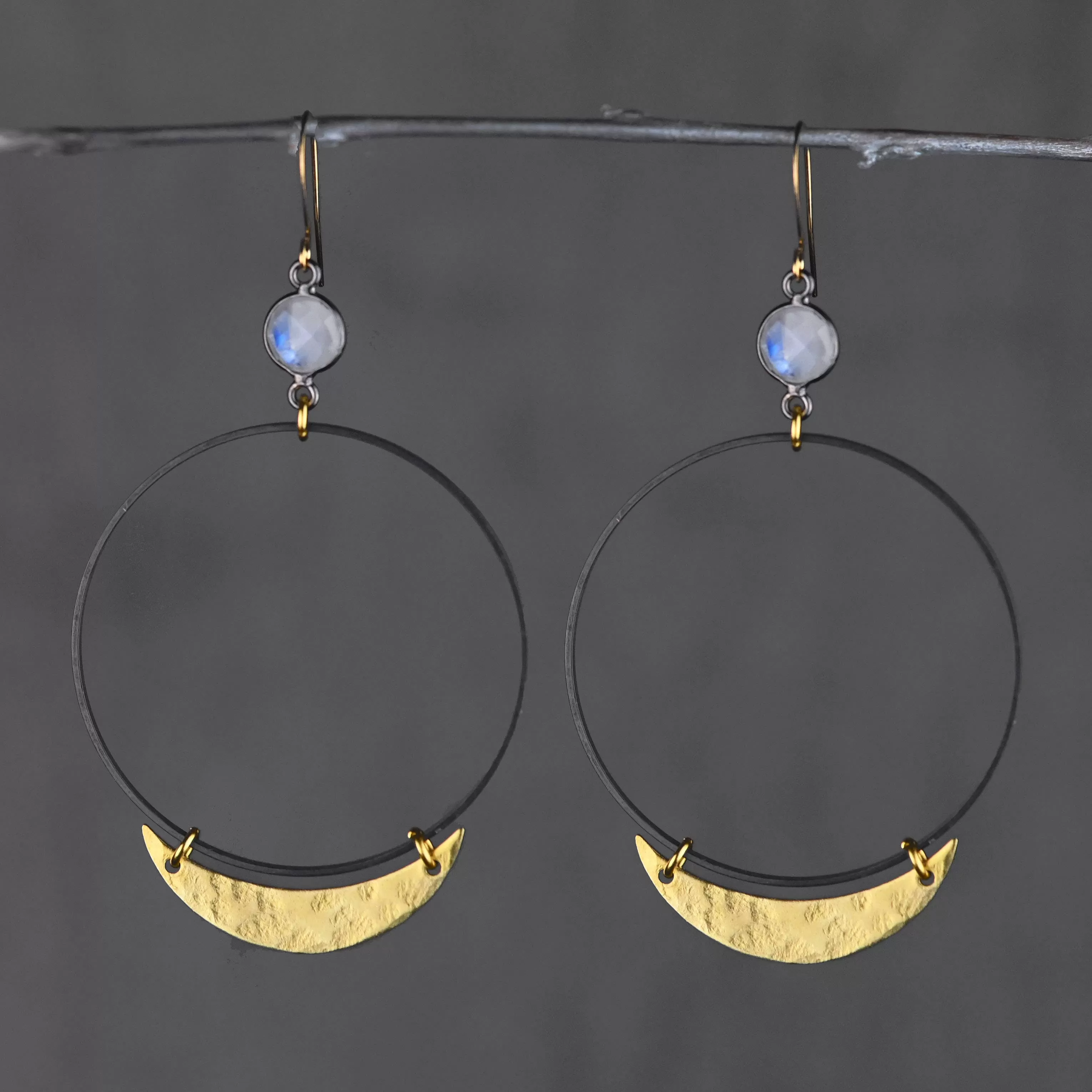 Black Hoop With Gem & Hammered Crescent Moon Earrings