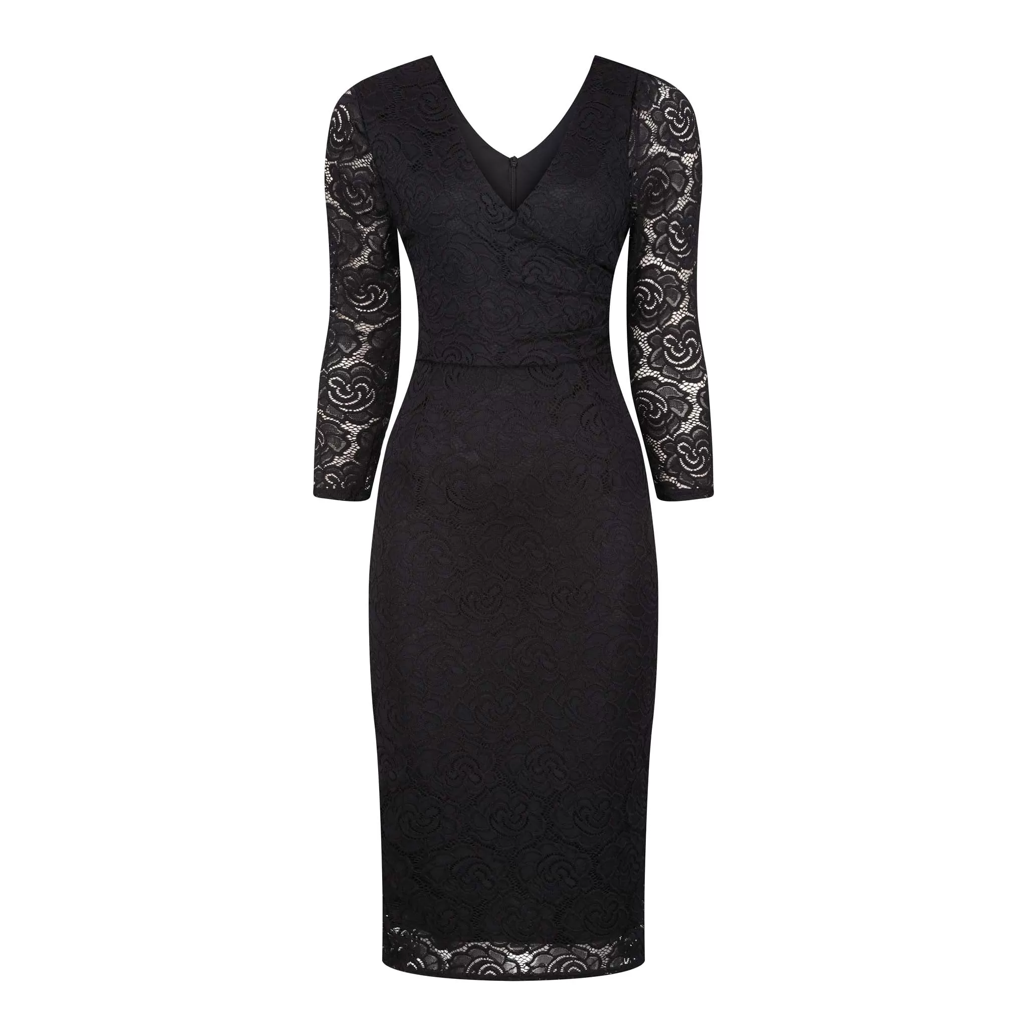 Black Lace 3/4 Sleeve Wrap Over Effect Midi Dress