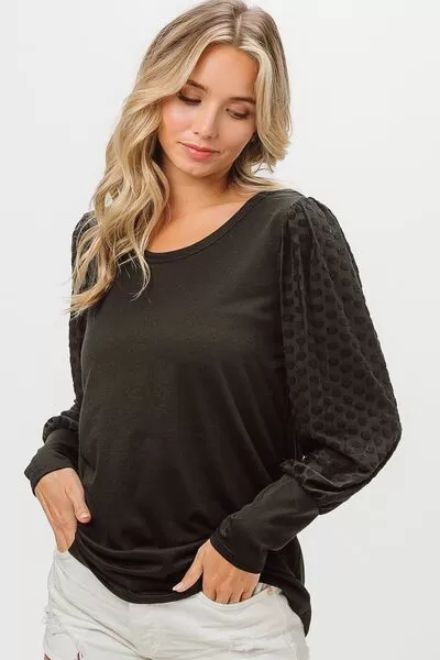 Black Round Neck Polka Dot Lantern Sleeve Top (Online Exclusive)