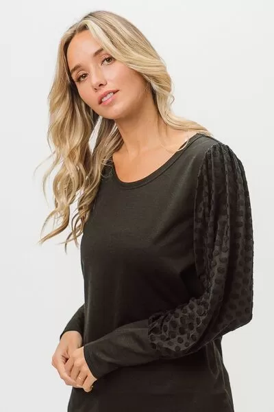 Black Round Neck Polka Dot Lantern Sleeve Top (Online Exclusive)