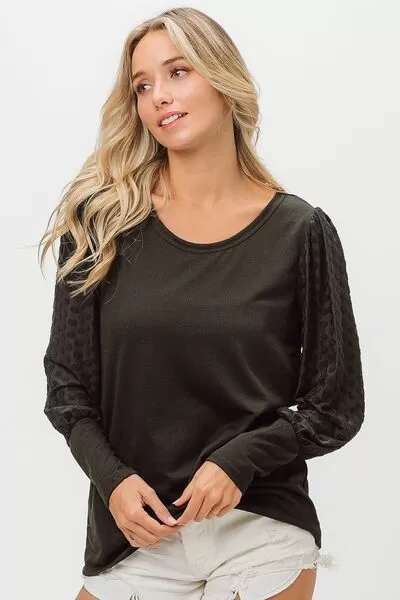 Black Round Neck Polka Dot Lantern Sleeve Top (Online Exclusive)