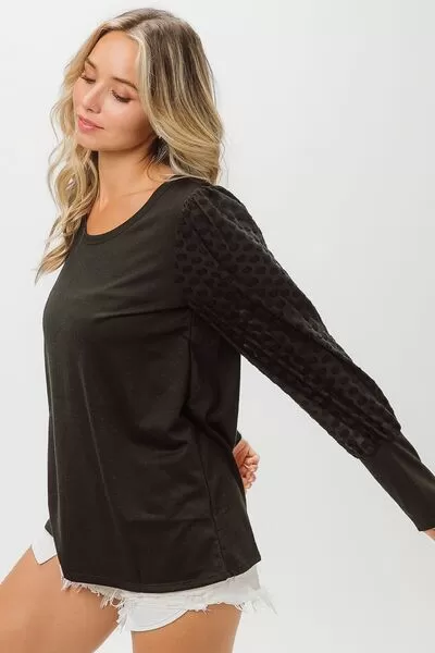 Black Round Neck Polka Dot Lantern Sleeve Top (Online Exclusive)