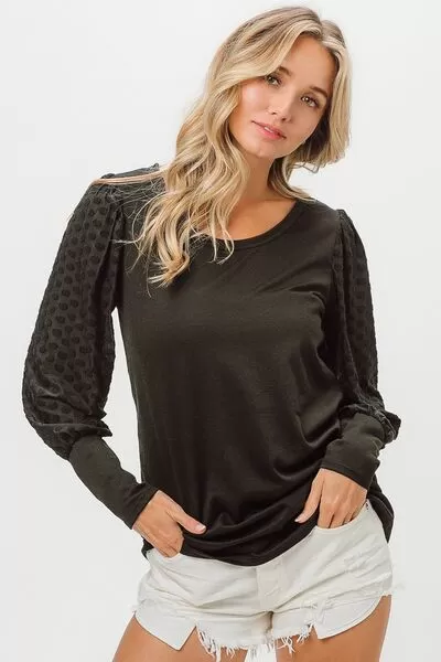 Black Round Neck Polka Dot Lantern Sleeve Top (Online Exclusive)