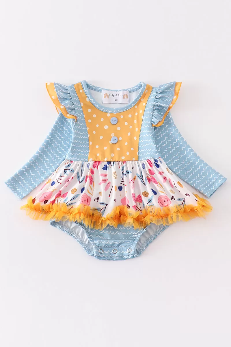 Blue floral print ruffle baby romper