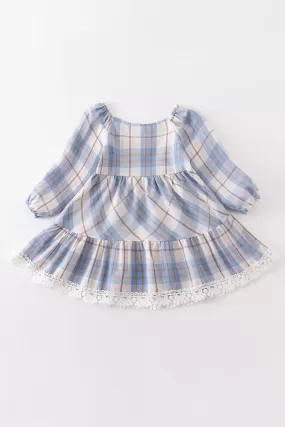 Blue plaid tiered lace dress