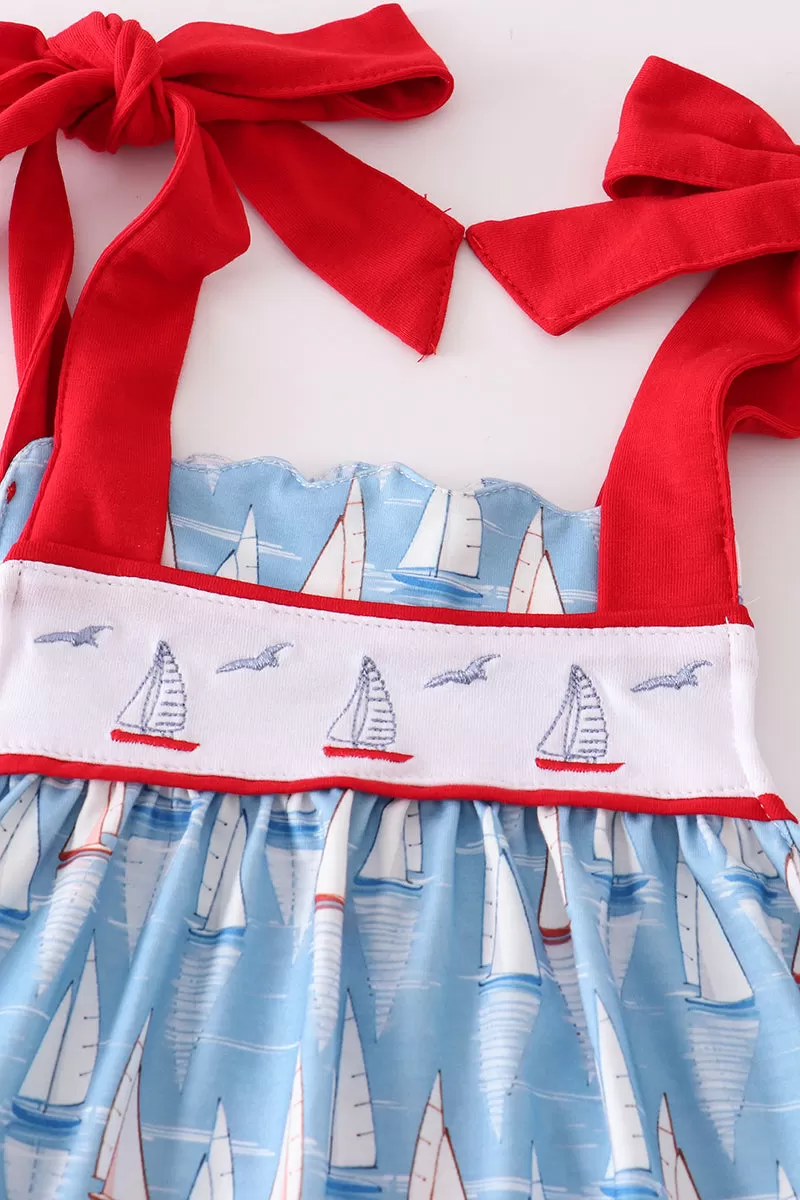 Blue sailboat embroidery girl set