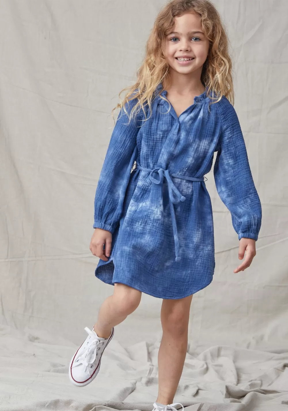 Blue Tie Dye Ruffle Edge Dress