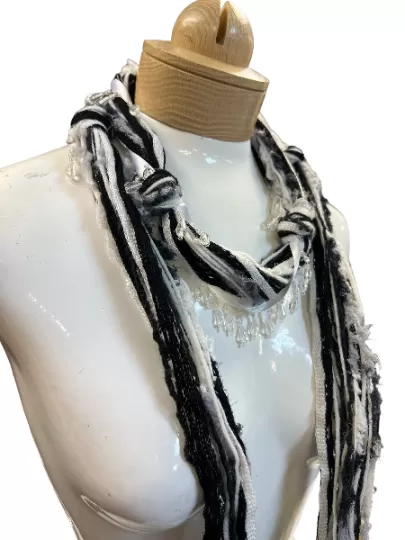 Boho Beaded Lightweight Scarf Necklace -  Black and White Scarf