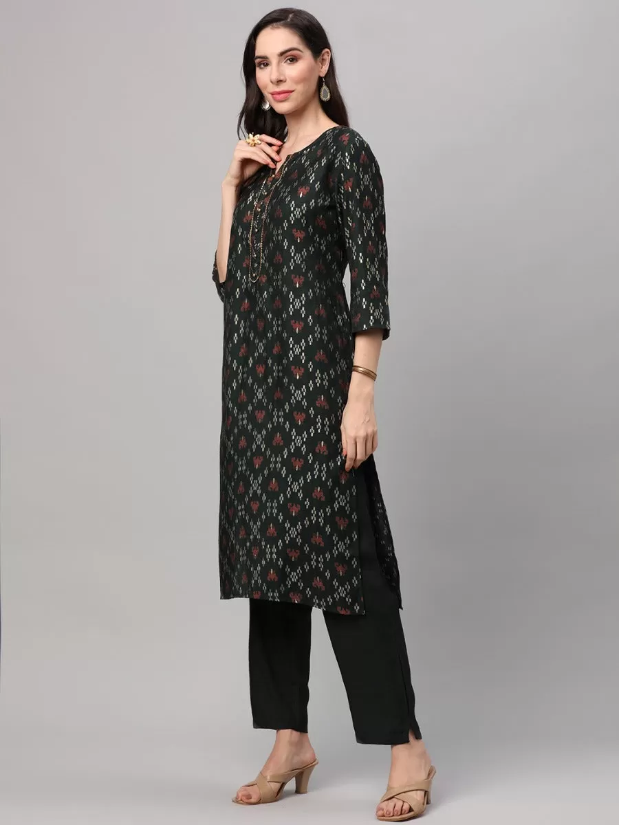 Bottle Green Ornamental Printed Kurta Trouser Dupatta