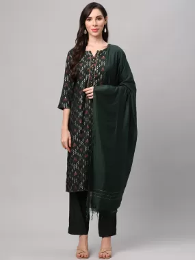 Bottle Green Ornamental Printed Kurta Trouser Dupatta