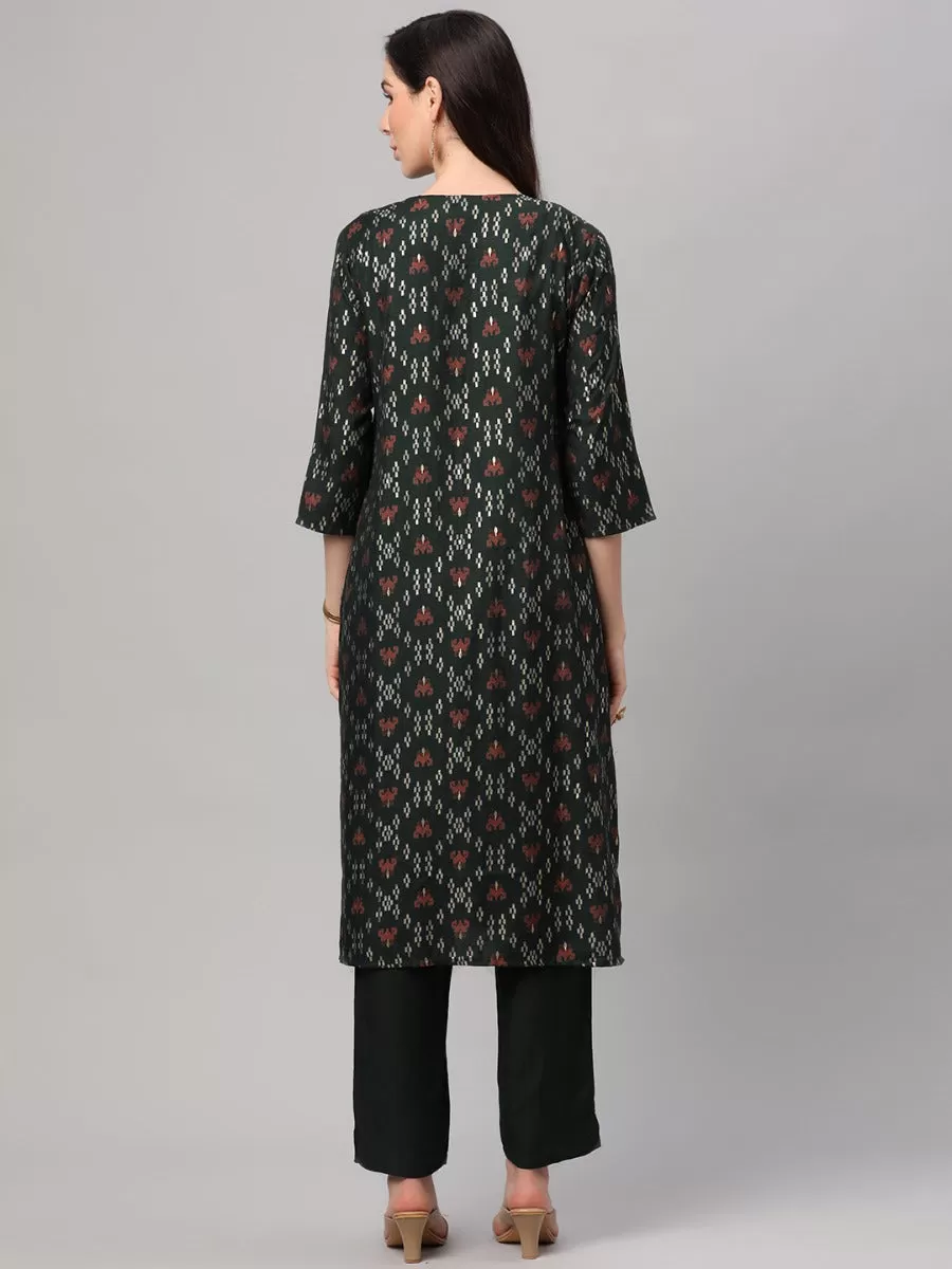 Bottle Green Ornamental Printed Kurta Trouser Dupatta