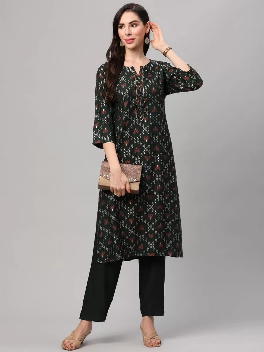 Bottle Green Ornamental Printed Kurta Trouser Dupatta