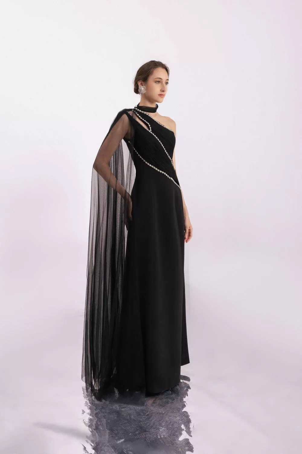 Brandt A-line Asymmetric Twill Floor Length Dress