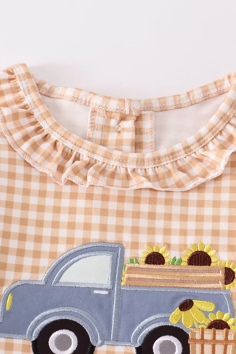 Brown plaid truck applique girl set