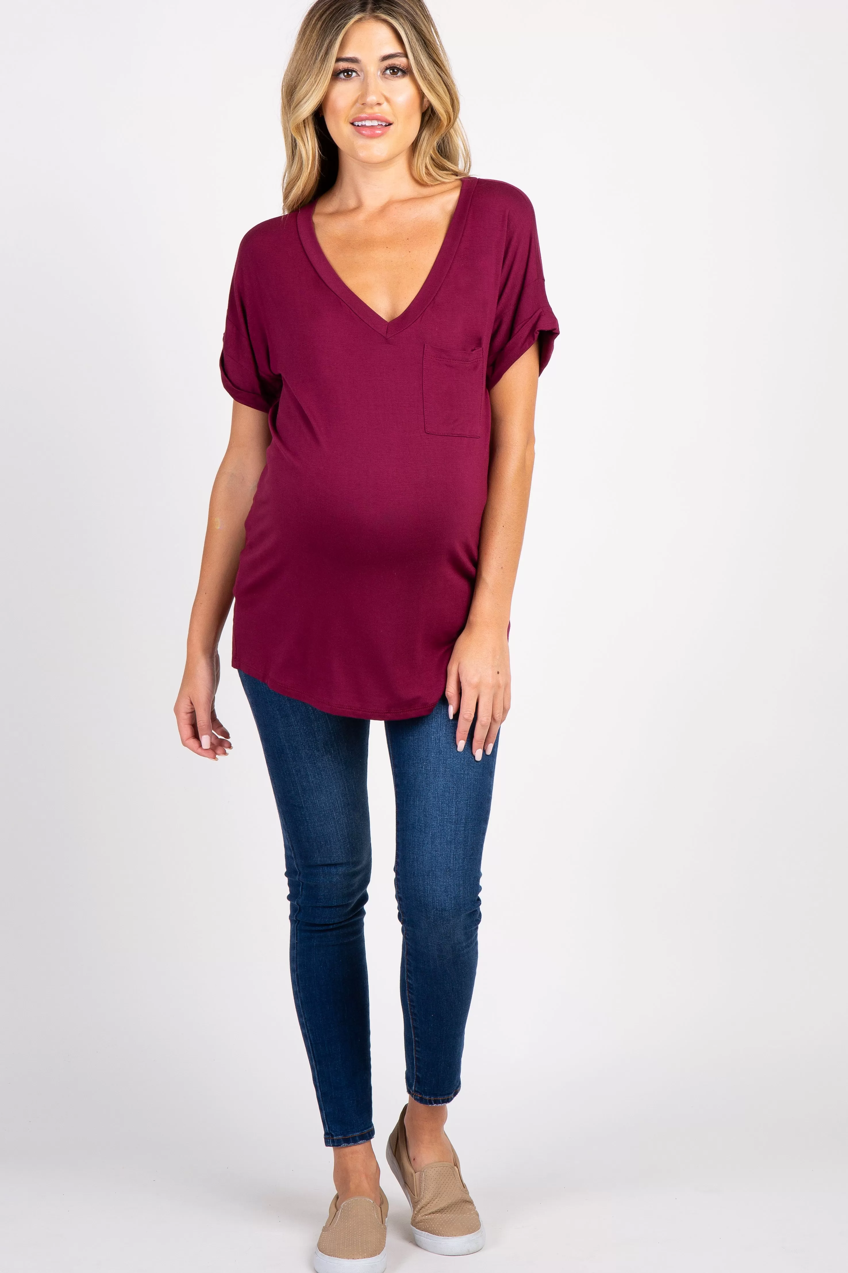 Burgundy Solid Pocket Maternity Top