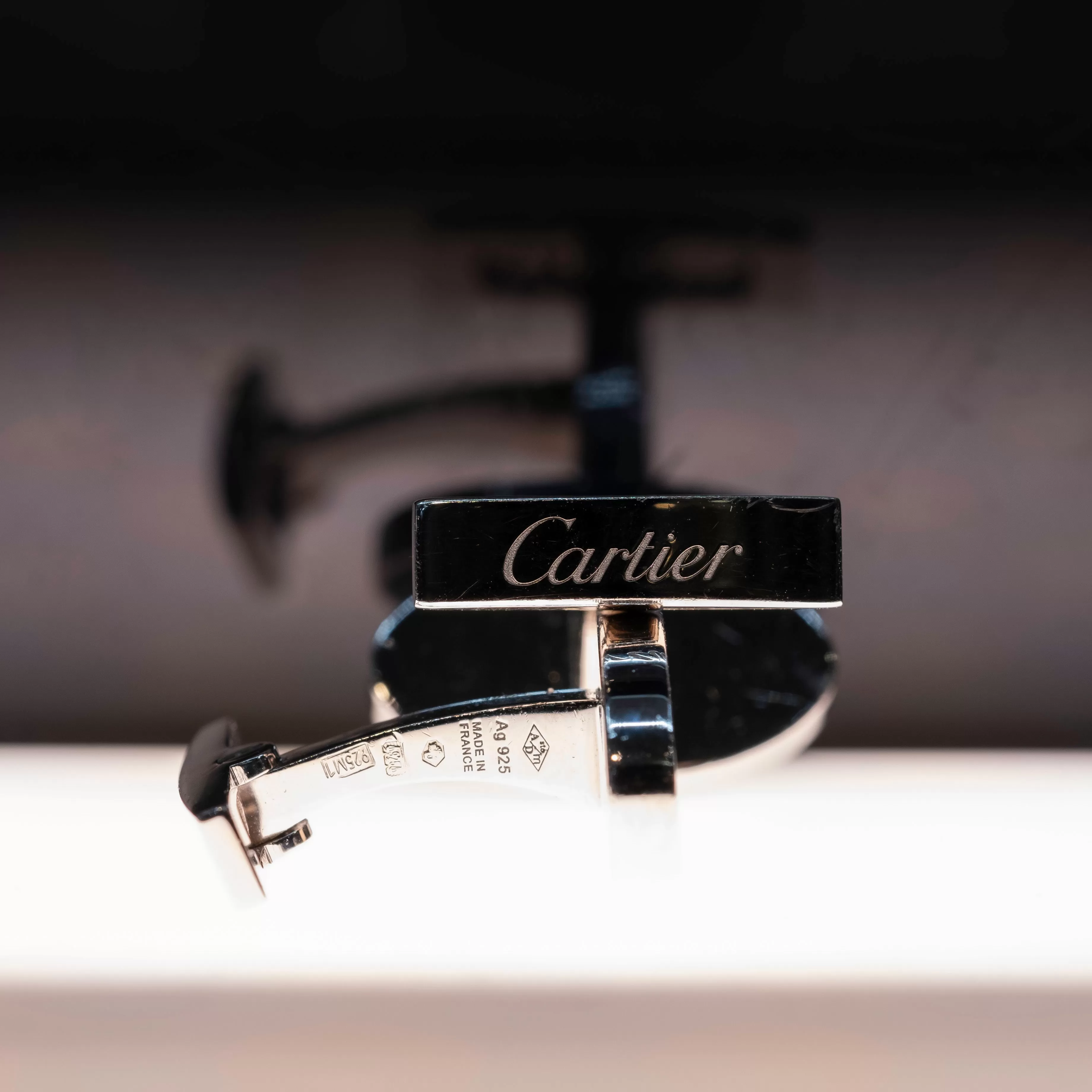 Cartier Sterling Black Enamel Logo Cufflinks