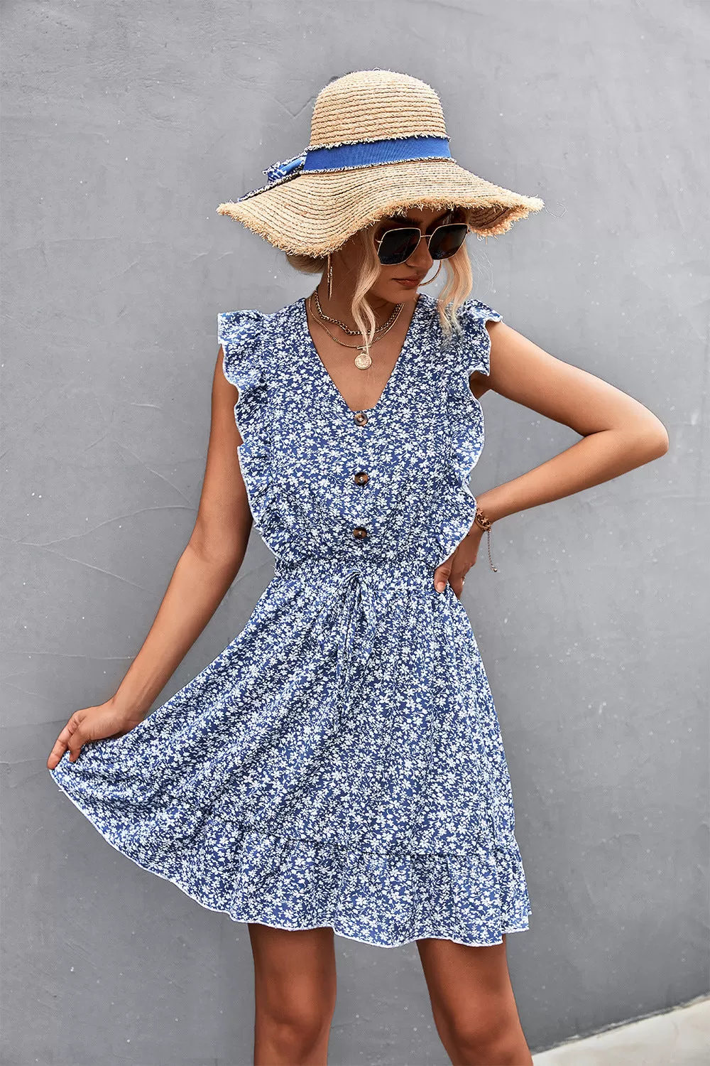 Chic Ditsy Floral Ruffled V-Neck Dress: Perfect Summer Beach Wedding Attire for Women