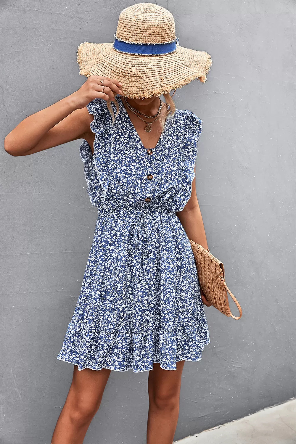 Chic Ditsy Floral Ruffled V-Neck Dress: Perfect Summer Beach Wedding Attire for Women