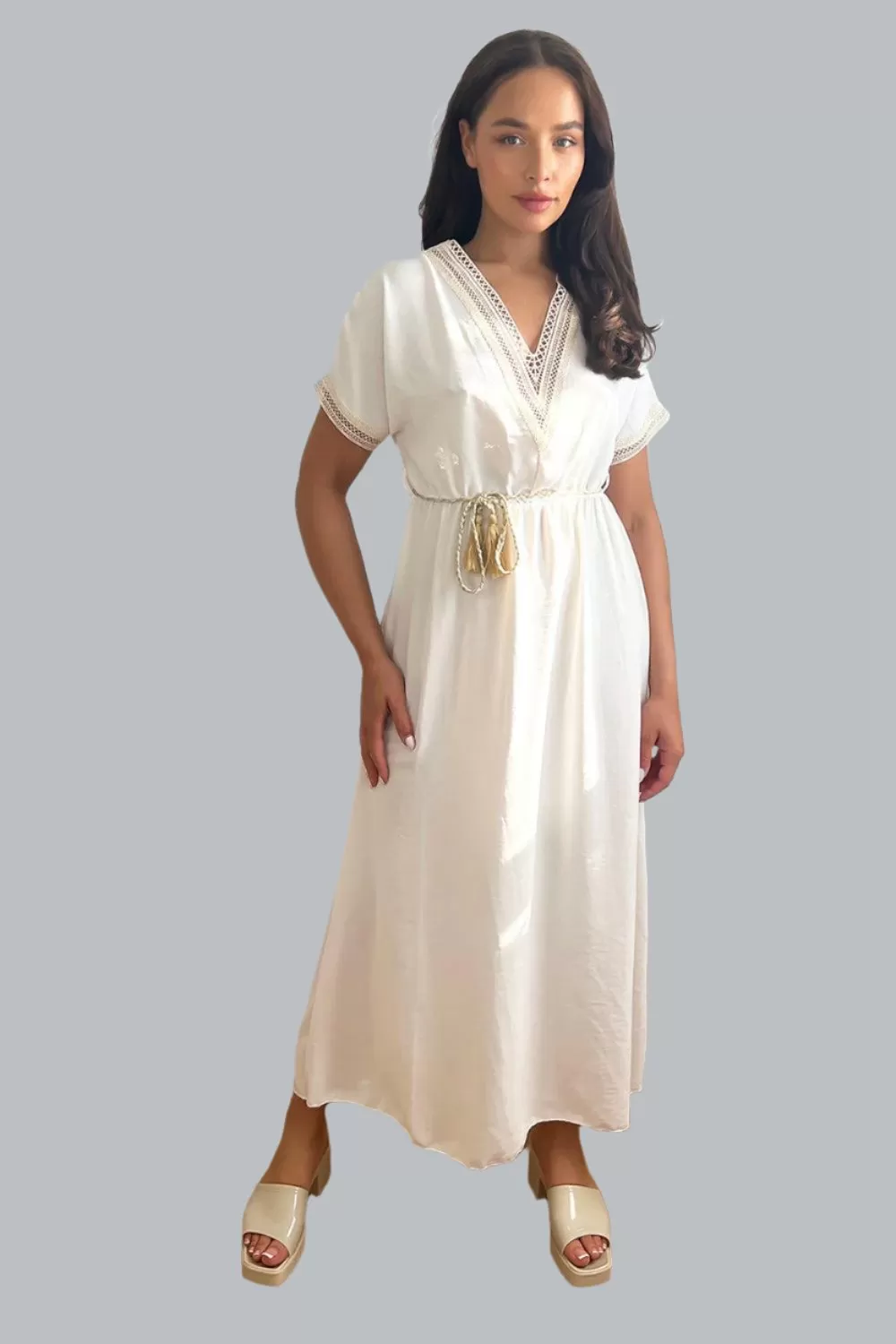 Cotton Lace Trims And Braided Belt Summer Maxi Dress