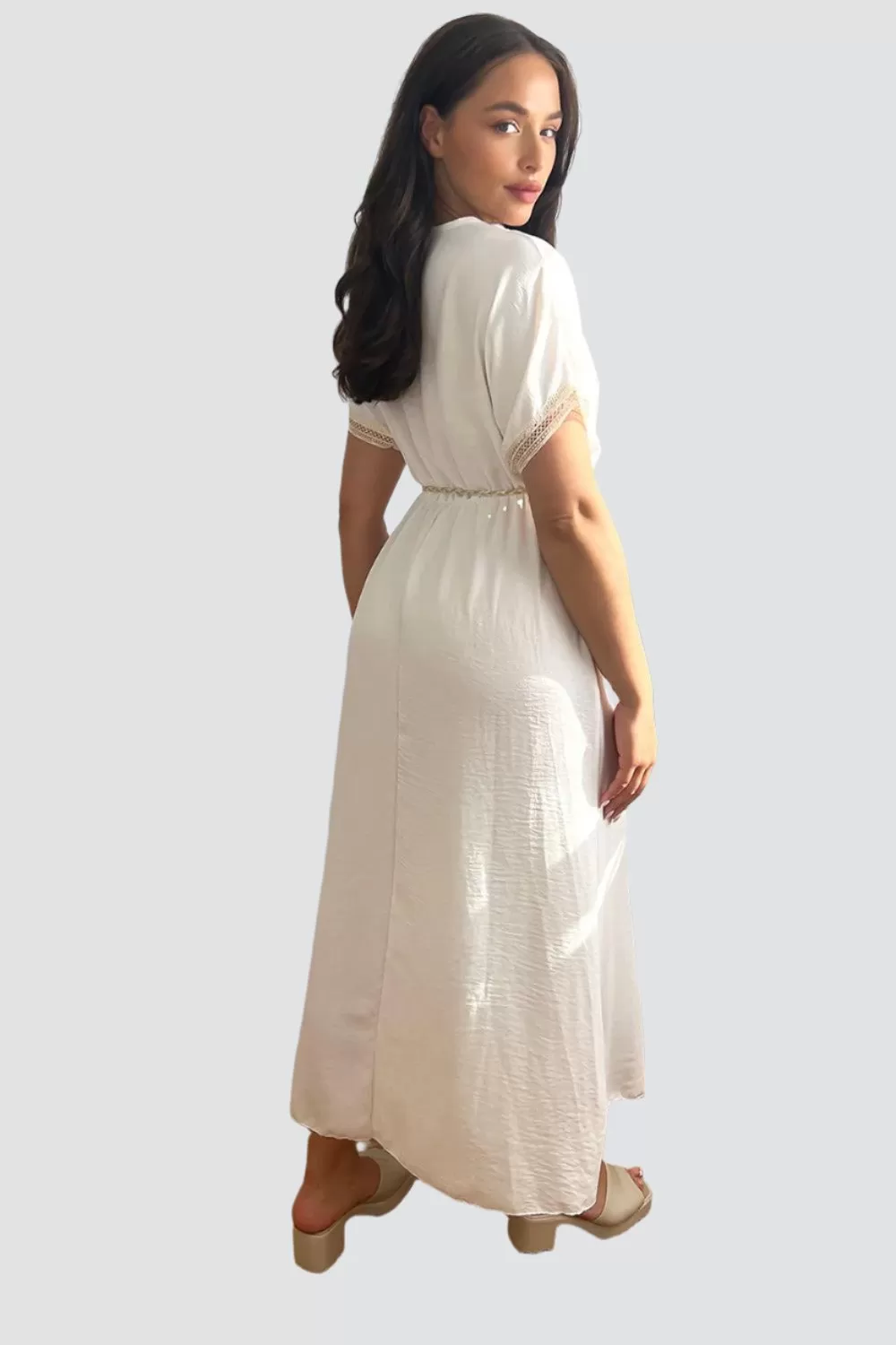 Cotton Lace Trims And Braided Belt Summer Maxi Dress