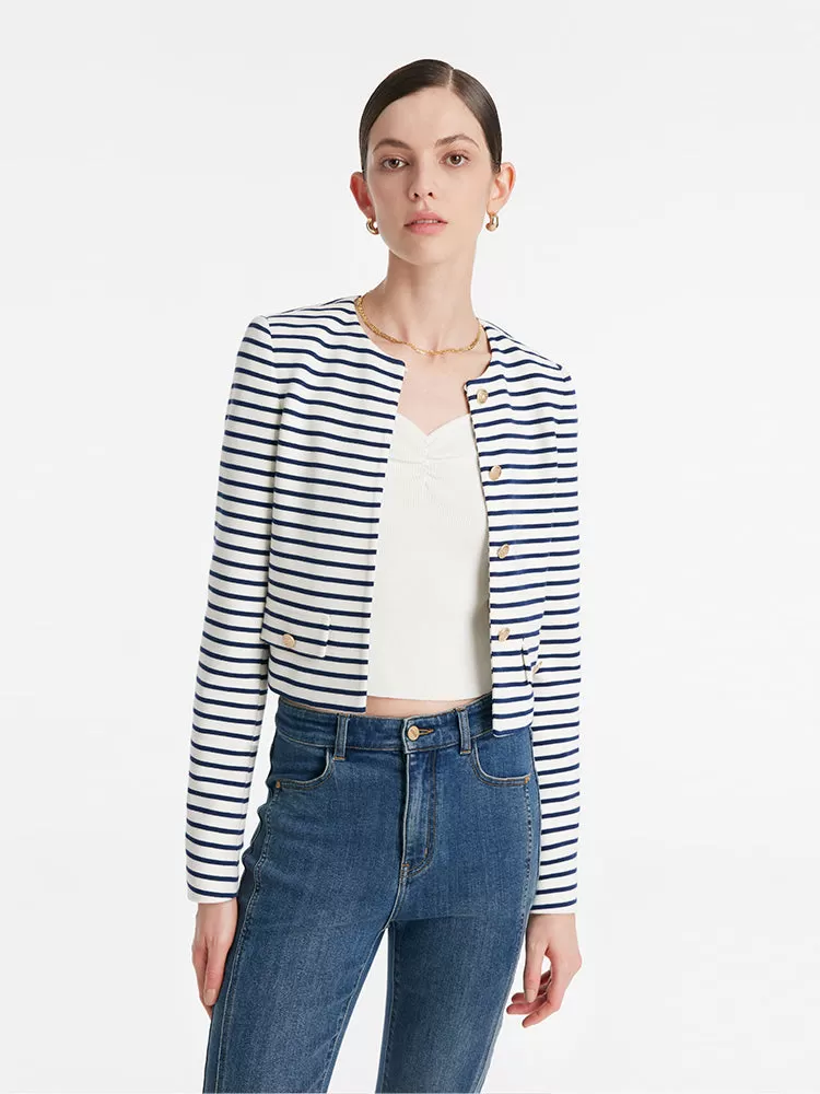 Cotton Striped Single-Breasted Women Crop Jacket