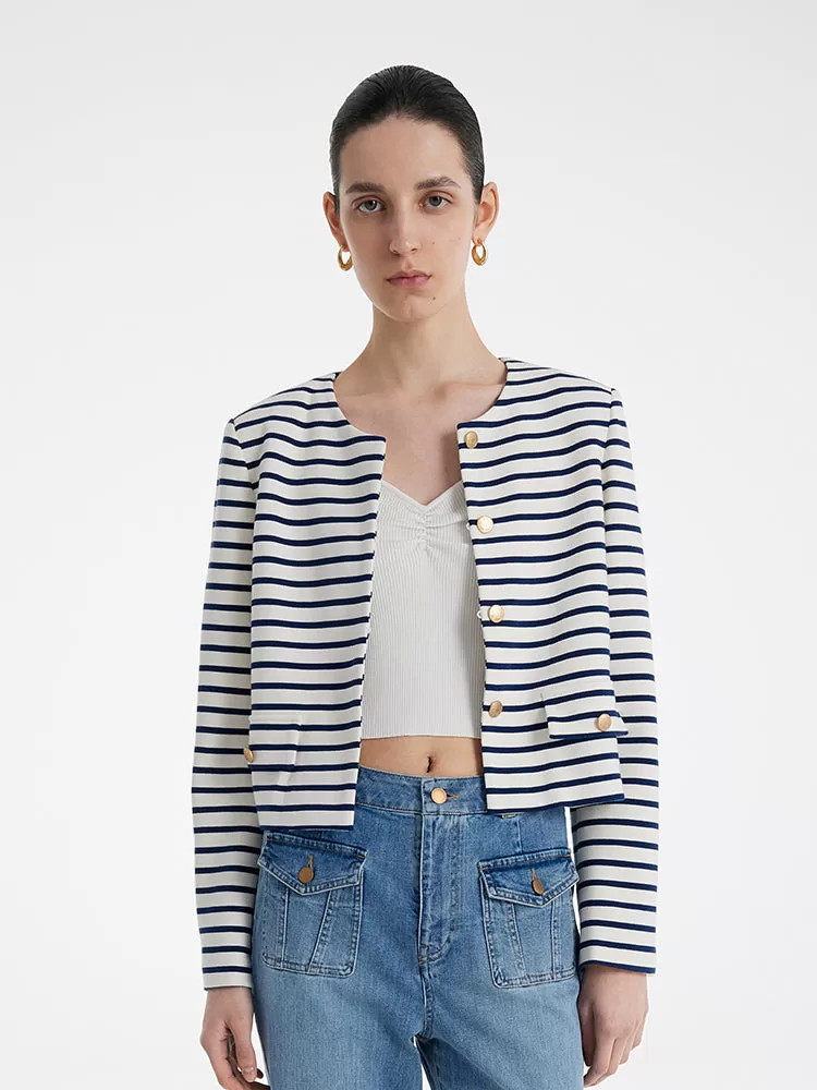 Cotton Striped Single-Breasted Women Crop Jacket