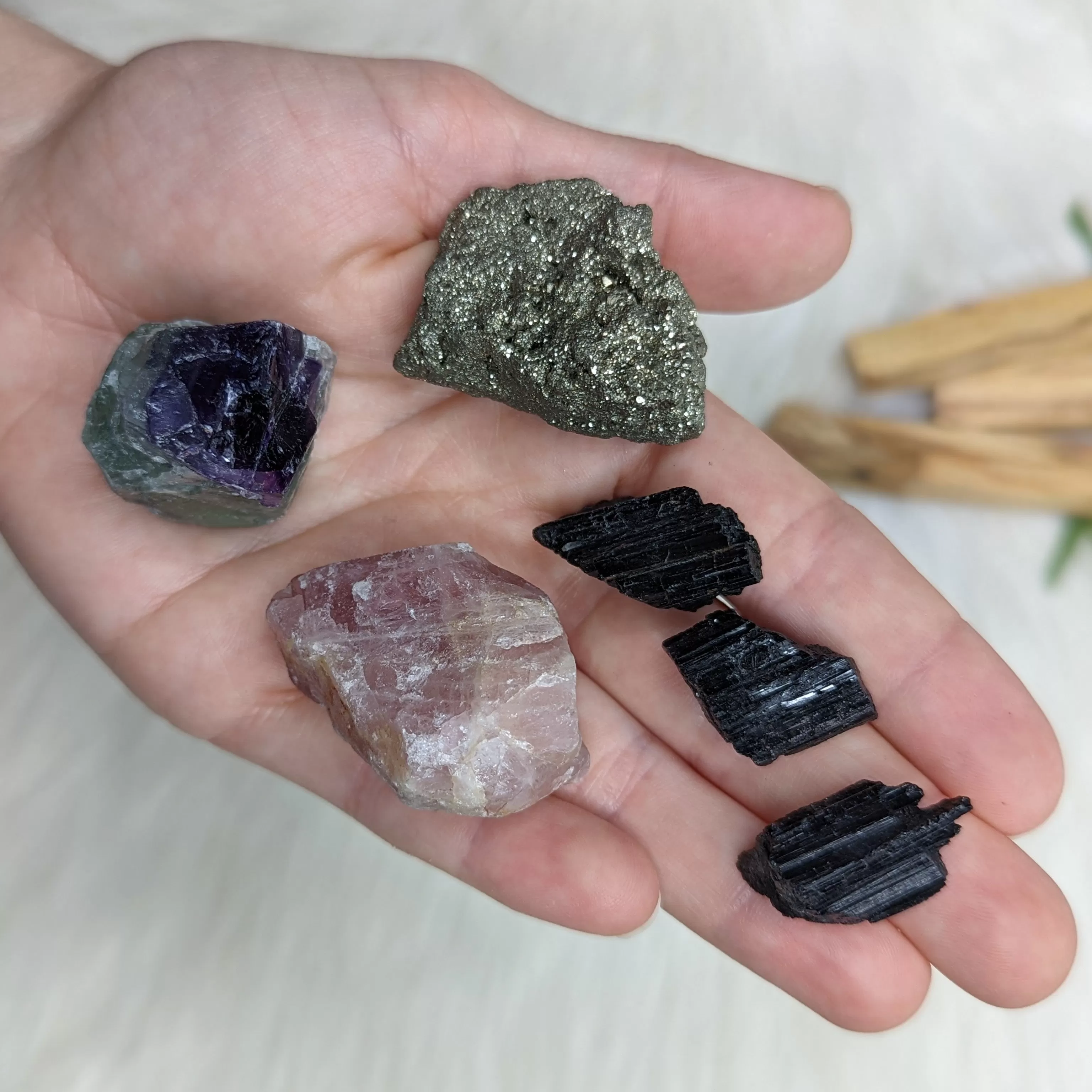 Crystal Set! Rainbow Flourite , Pyrite, Lavender Rose Quartz and Black Tourmaline - Set 1