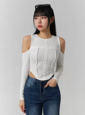 Cut Out Shoulder Long Sleeve Crop Tee CJ418