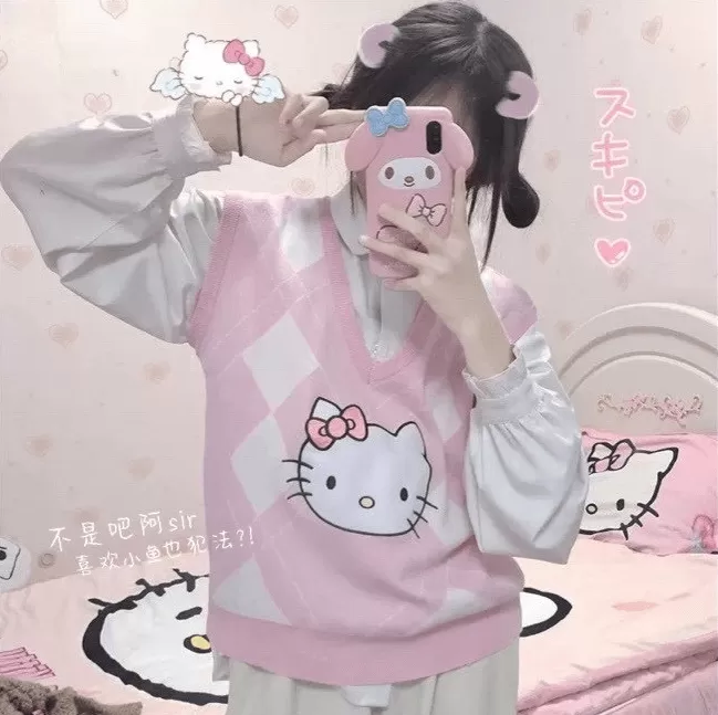 CUTE “HELLO KITTY" PASTEL PINK KNIT VEST BY9001