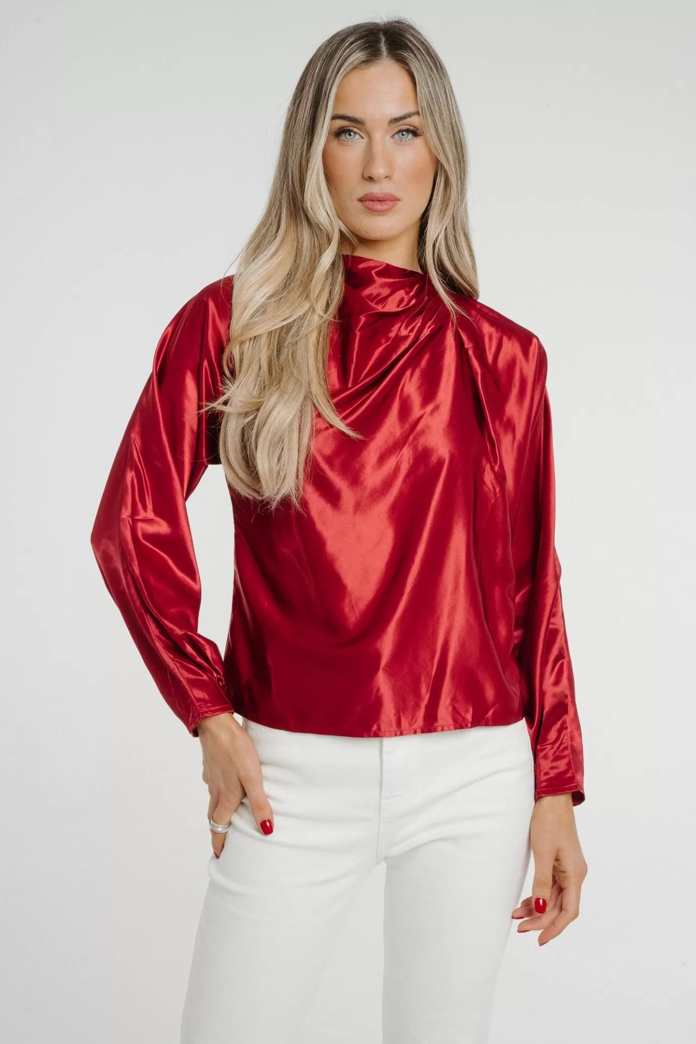 Daisy Drape Satin Top In Red