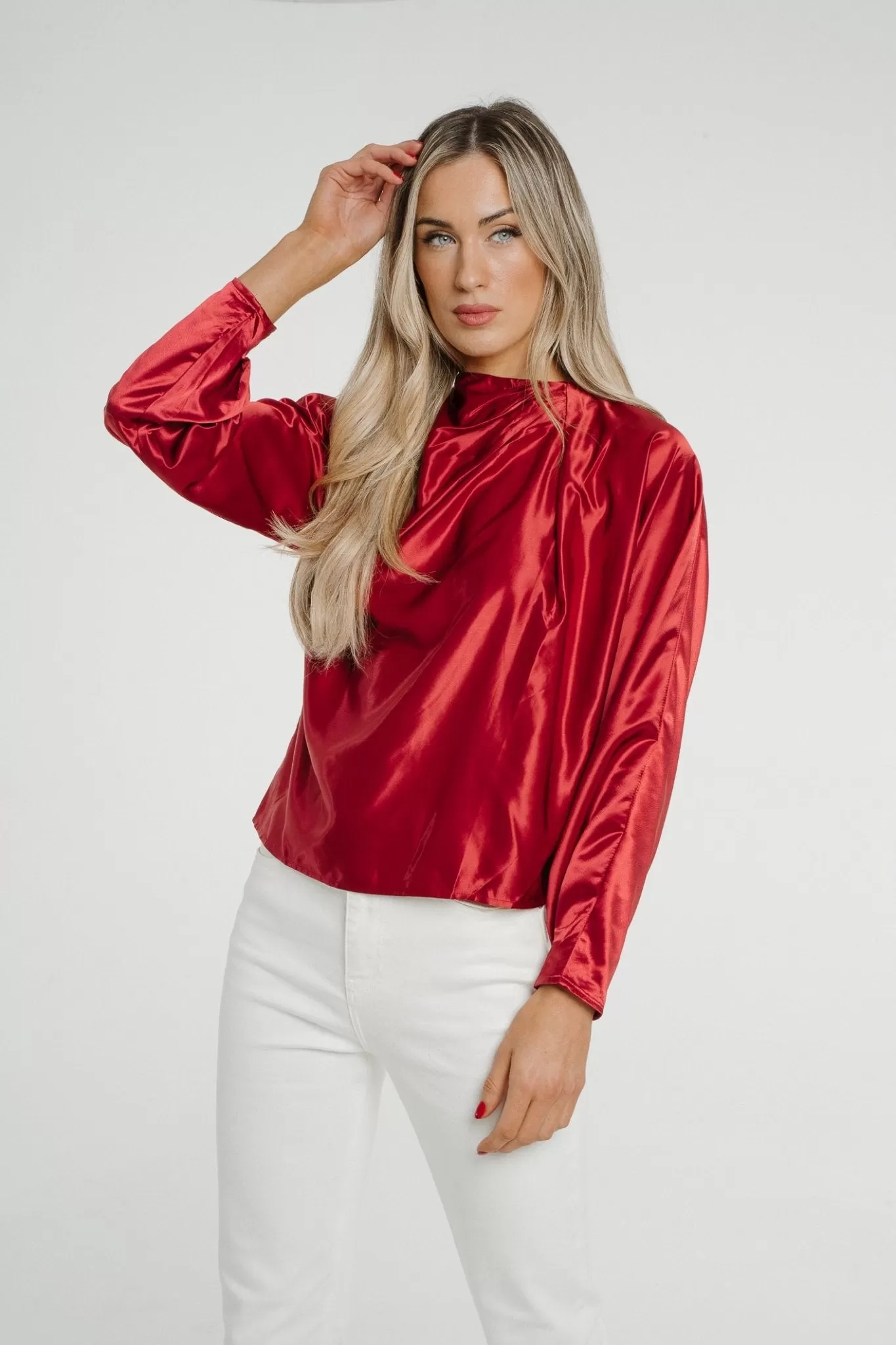 Daisy Drape Satin Top In Red