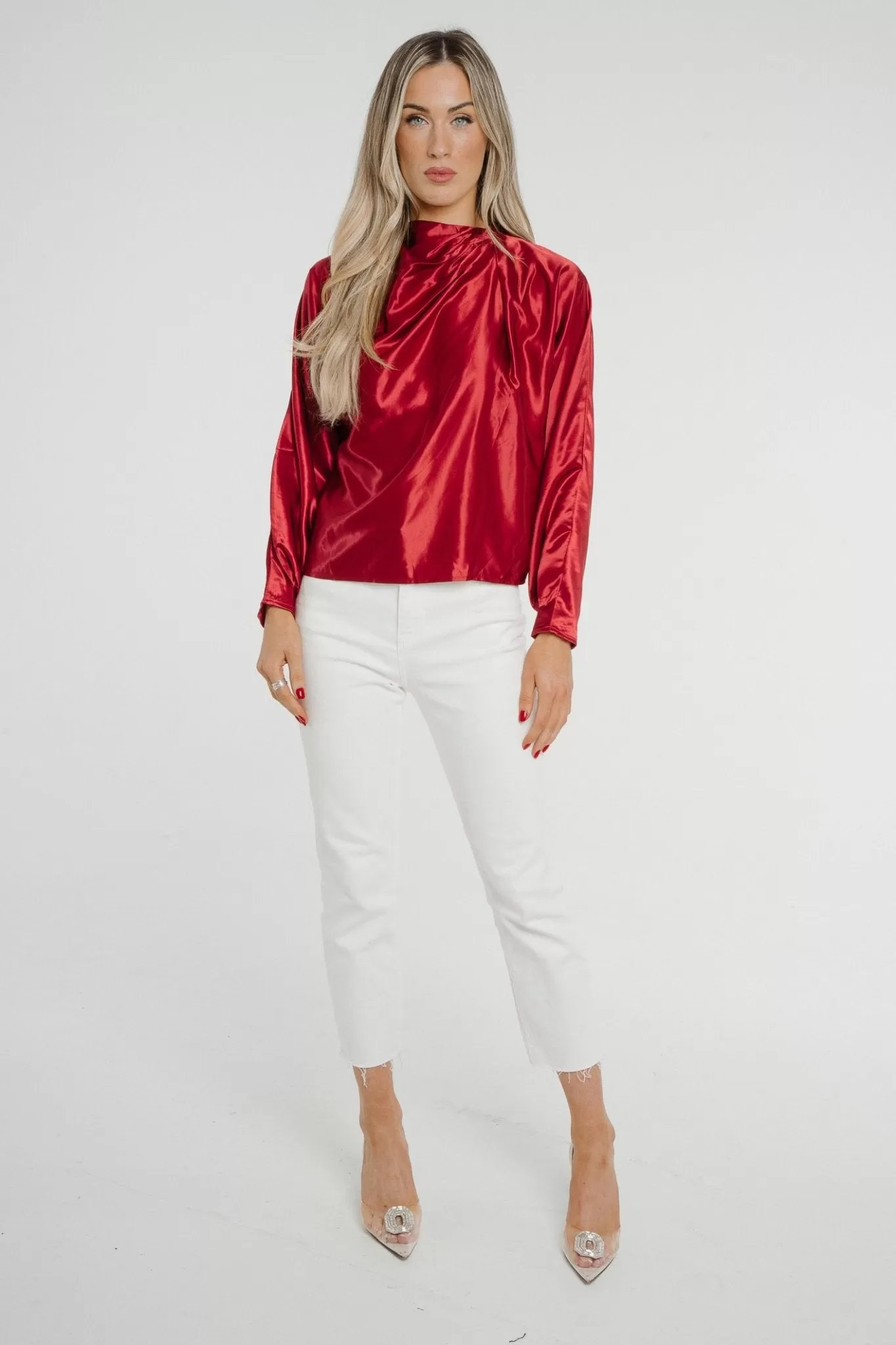 Daisy Drape Satin Top In Red