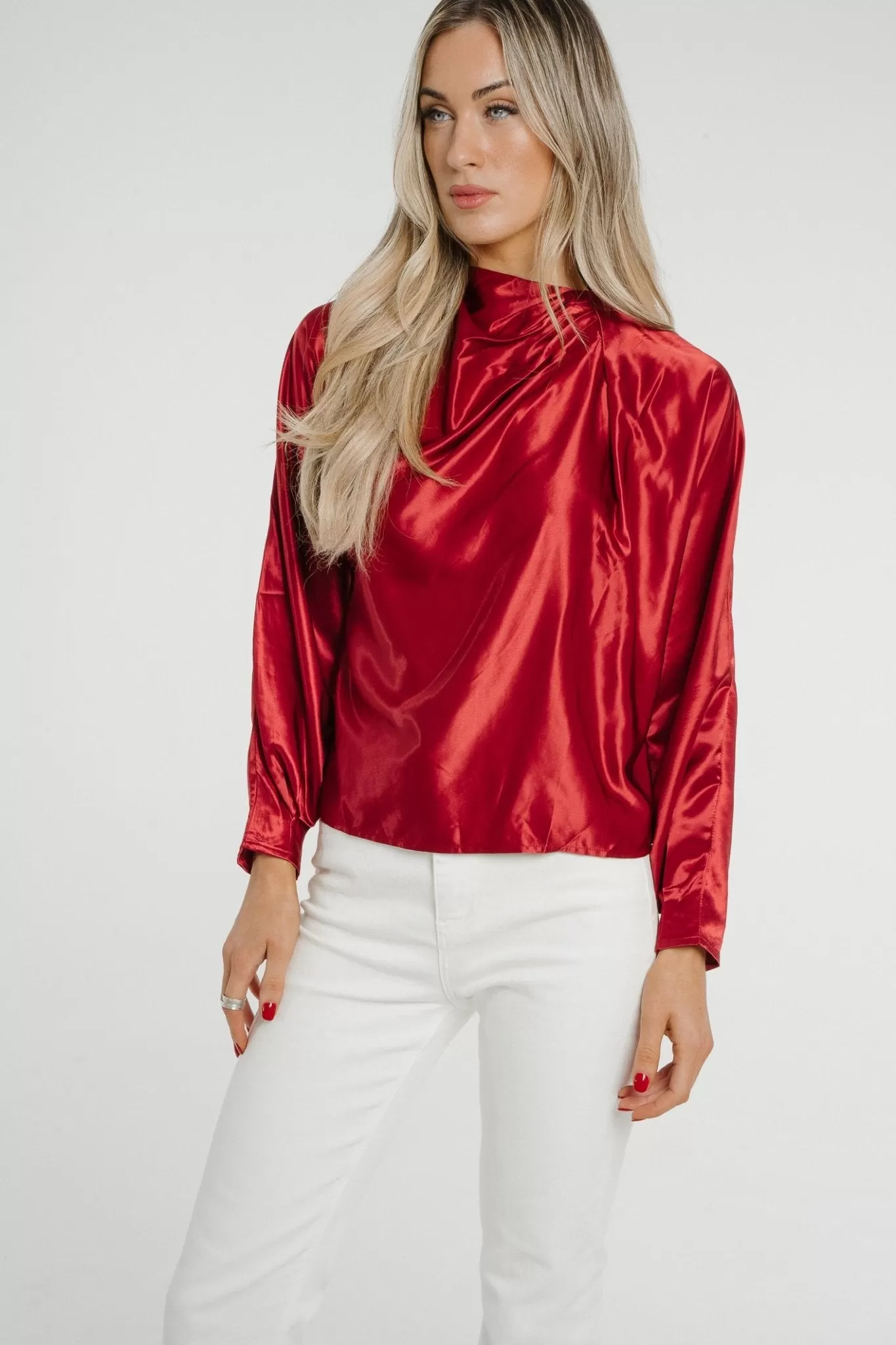 Daisy Drape Satin Top In Red