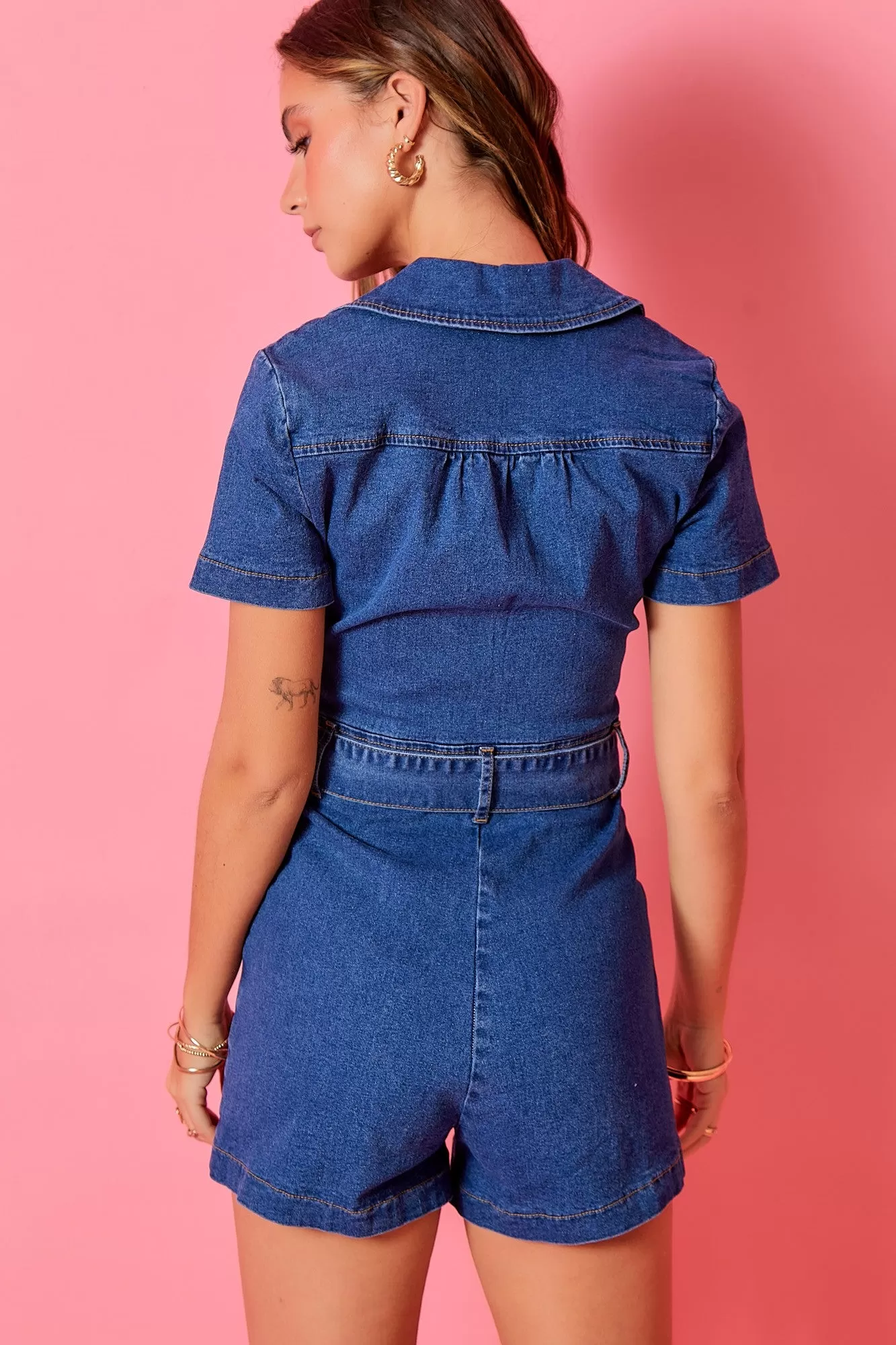 Denim Romper with Belt Detail