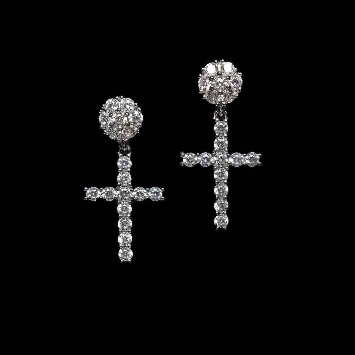 Diamond Studded Cross Earrings in White Gold