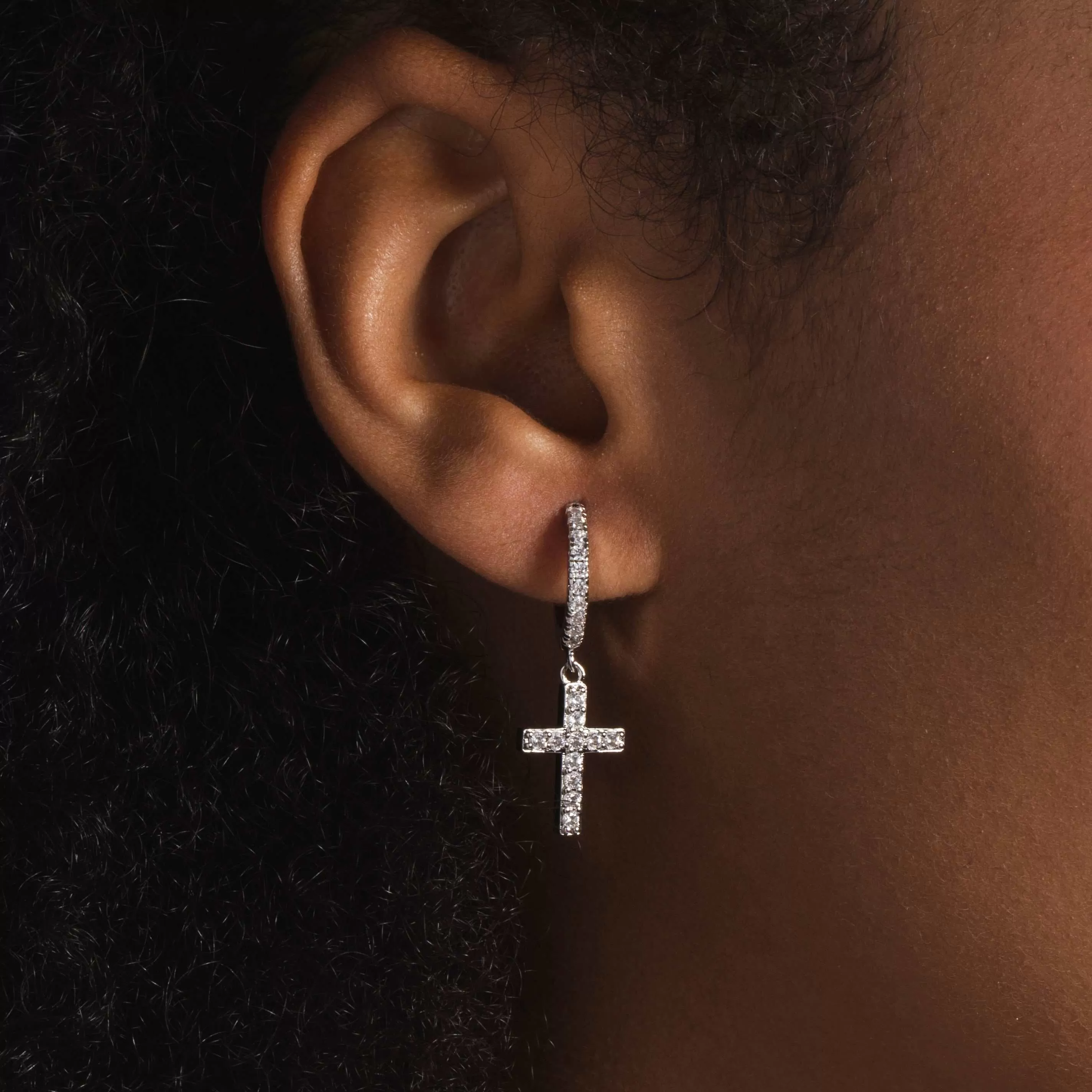 Diamond Studded Cross Earrings in White Gold