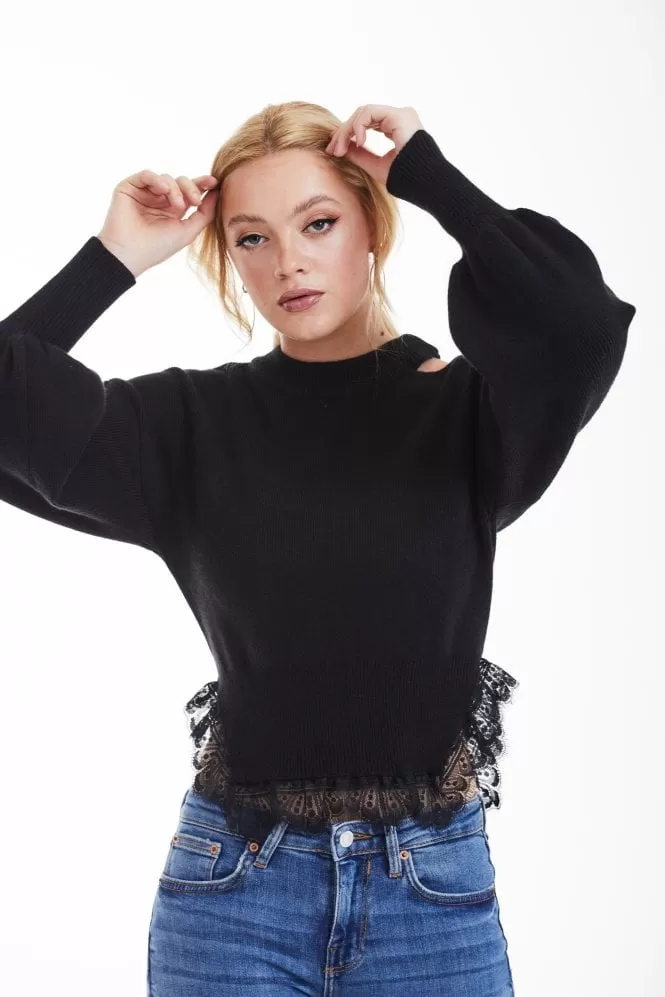 Double Second Black Knit Jumper With Lace Trim