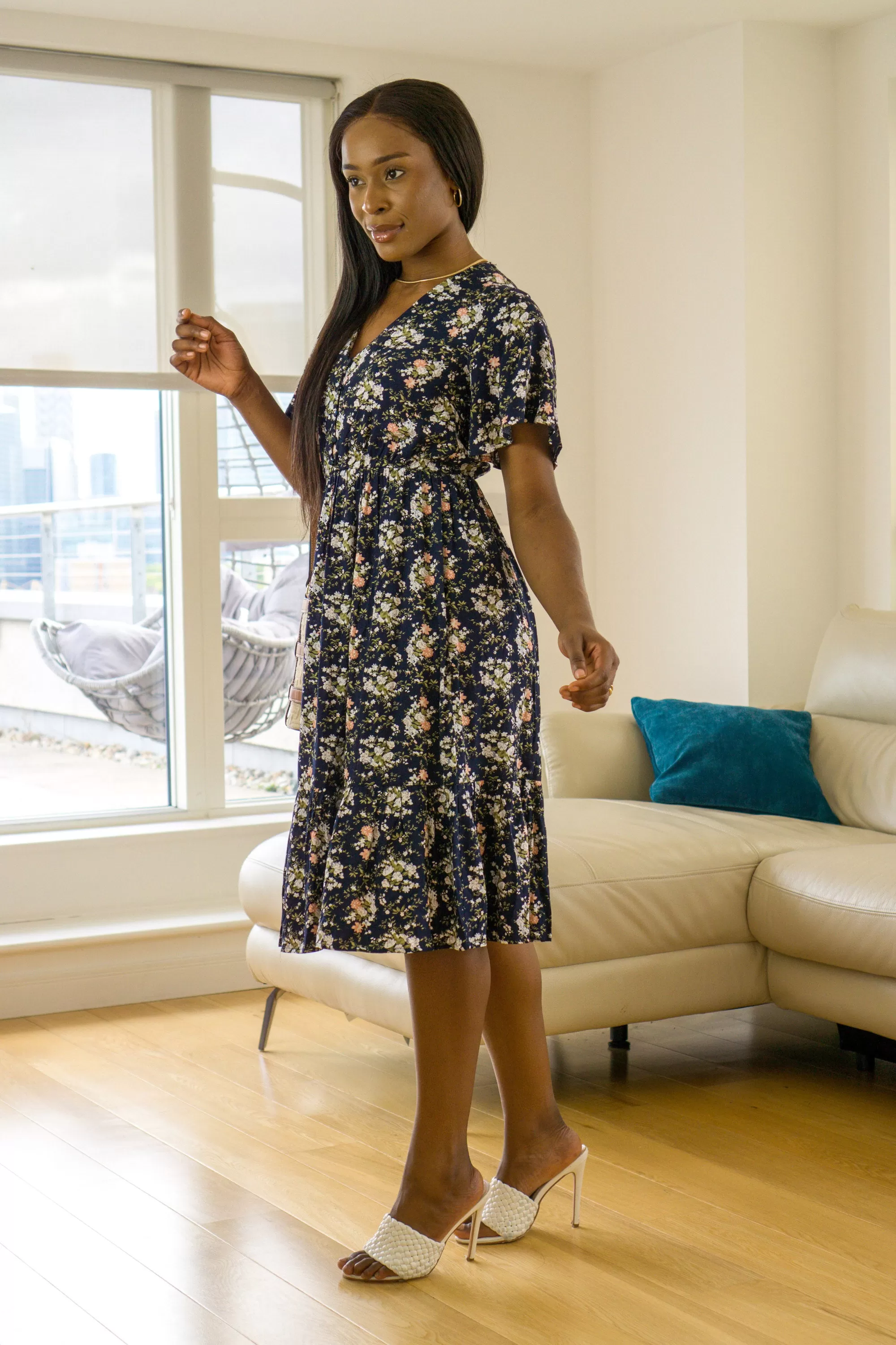 Double Second Navy Floral Keyhole Back Tiered Midi Dress