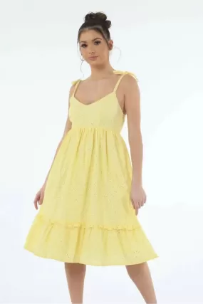 Double Second Yellow Tie Strap Broiderie Dress