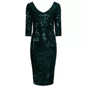 Emerald Green 3/4 Sleeve V Neck Velour Sequin Pencil Wiggle Party Dress