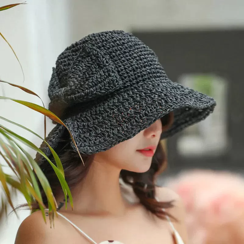 Female Foldable Bowknot Decoration Casual Breathable Small Brim Sunscreen Sun Hat Straw Hat Bucket Hat