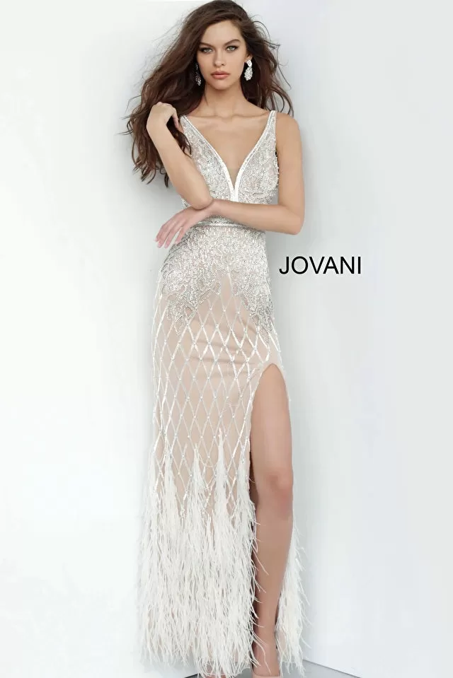 Fernia | Embellished & Feather V Neck Fitted Gown | Jovani 55796