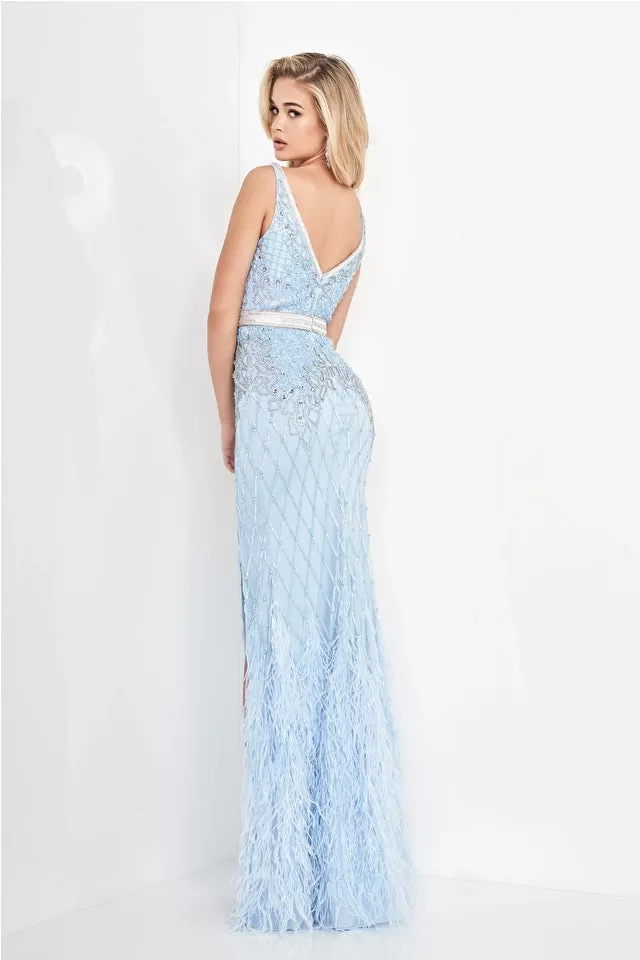 Fernia | Embellished & Feather V Neck Fitted Gown | Jovani 55796