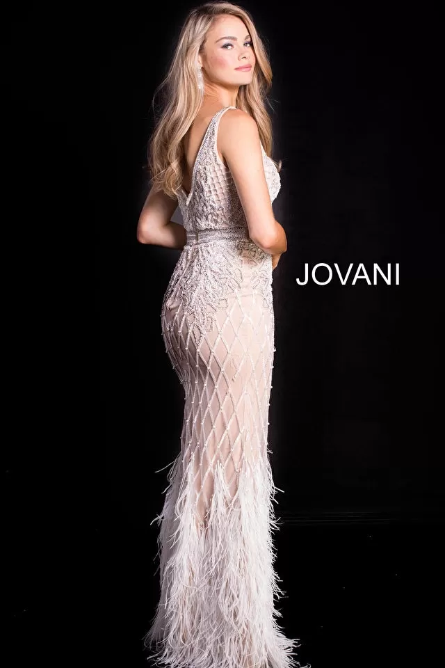 Fernia | Embellished & Feather V Neck Fitted Gown | Jovani 55796